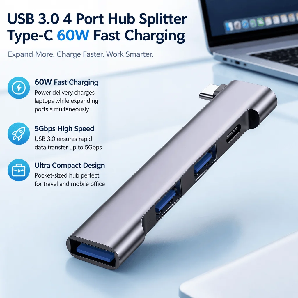 USB C Hub MacBook USB 3.0 Hub 60W PD Charging 5Gbps Laptop Docking Station USB Splitter Compact 4 Port USB Hub For MacBook Pro