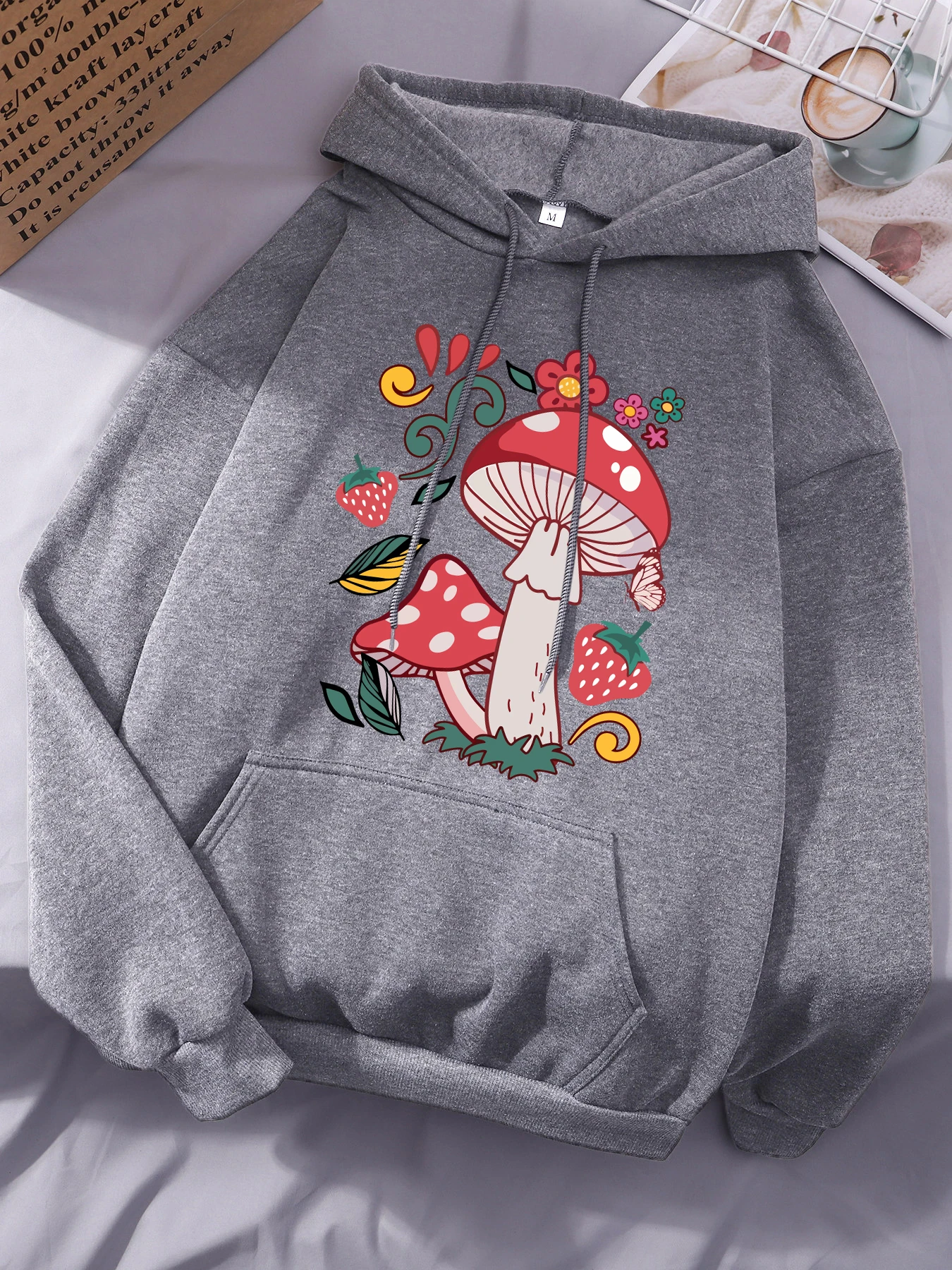 아름다운 버섯 꽃 딸기 프린트 여성 후드티 올매치 캐주얼 후디 가을 플리스 후디 힙합 오버사이즈 의류