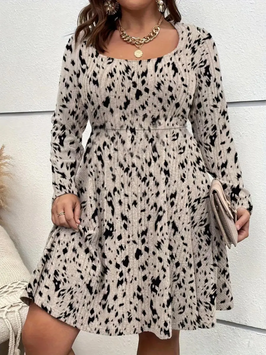 

Женские осенние и зимние модели больших размеров, платье с леопардовым принтом и квадратным вырезом, длинными рукавами, повседневный элегантный свитер