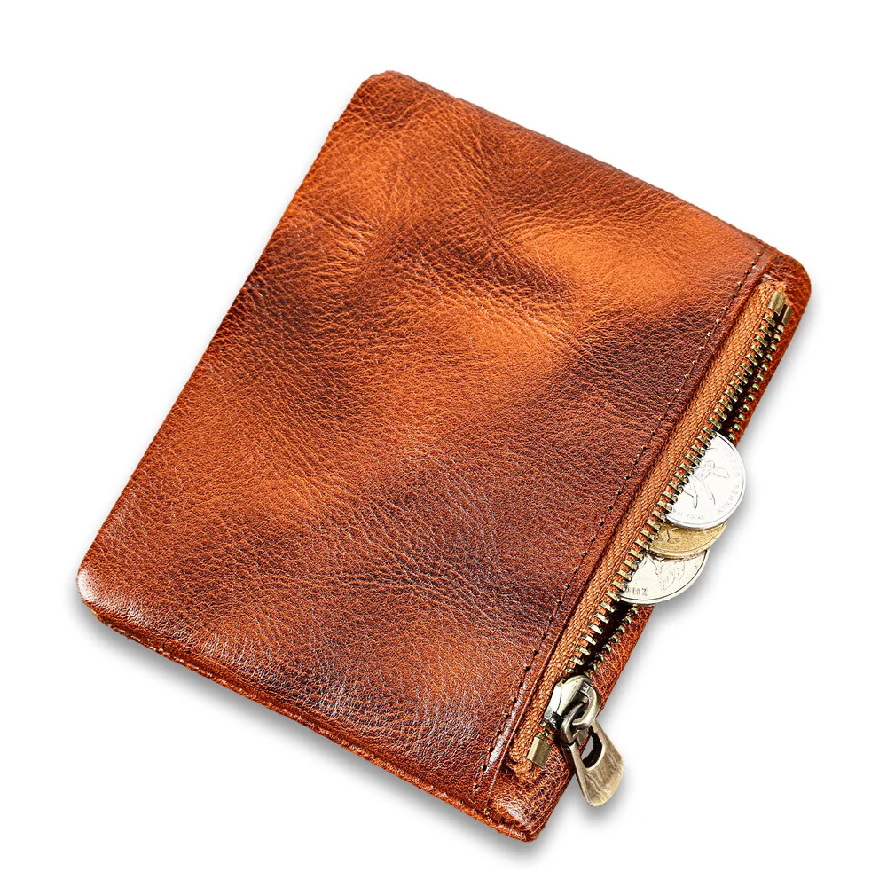 Cartera Retro de piel de vaca para hombre, billetera corta auténtica de cuero curtido, billetera Vertical, funda para tarjeta de identificación con cremallera juvenil