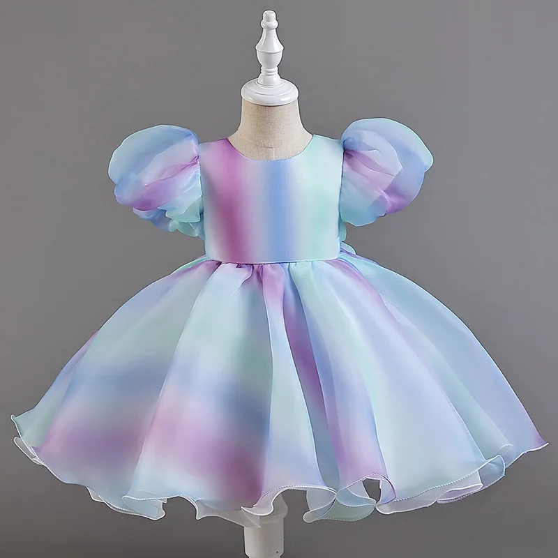 Children\'s colorful highlights dress dress mesh short puffed sleeves Princess style sweet evening dress performance # M137