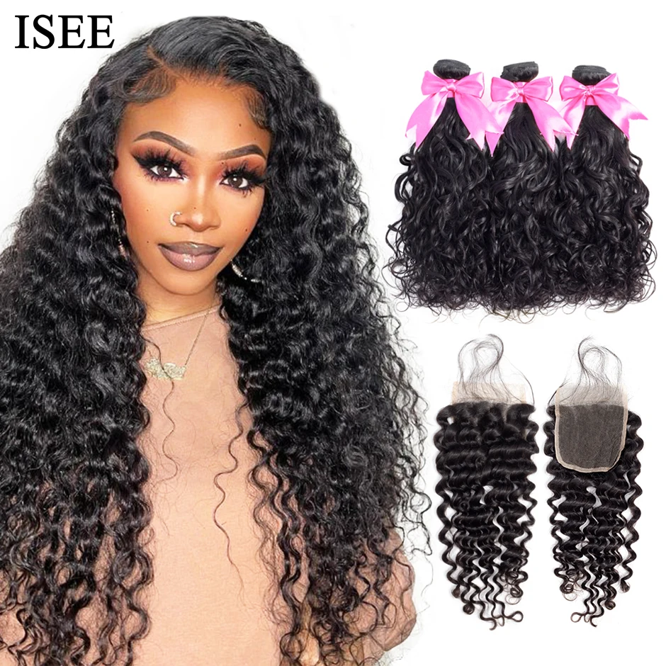 ISEE HAIR Brazilian Water Wave Bundles With Closure 100% Remy Human Hair Bundles With Closure 3 Bundles Hair With Closure 4x4