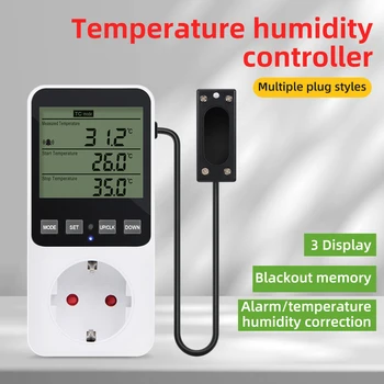Controlador Digital de temperatura y humedad, pantalla LCD, termostato, temporizador, enchufe, alarma de refrigeración y calefacción con Sensor de temperatura
