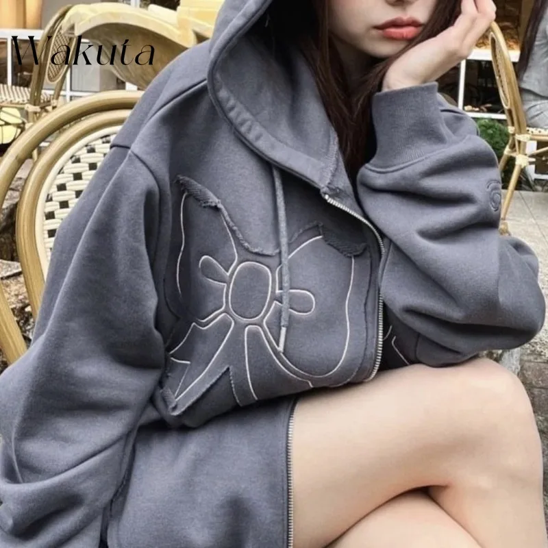 

WAKUTA Japanese Spring/summer Bow Patch Embroidered Sweaters Zipper Hooded Jacket Cardigan E-girl Gothic Jacket 여성 반팔 니트 Gothic
