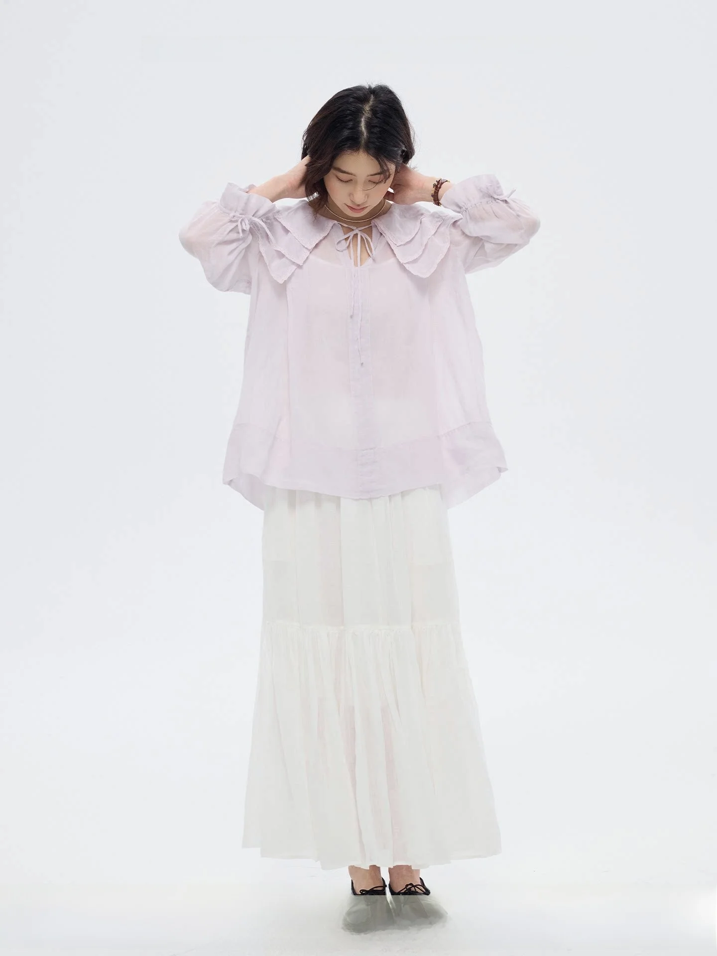 

Romantic Vintage Women's Loose Long Sleeve Linen Shirt Three-Layer Collar Elegant Casual Top Comfortable Breathable Summer Shirt