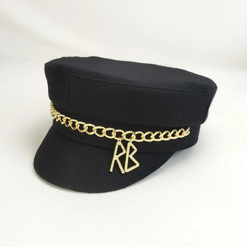 Chic RB & Chain Navy Cap, Warm Unisex Newsboy Hat for Outdoor, Winter Baseball Cap with