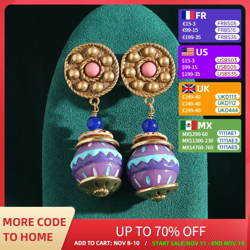

Vintage Ethnic Bohemia Glass Colored Ice Cream Dangle Earrings Purple Gold Color Stone Beads Handmade Women Girl Antique Jewelry