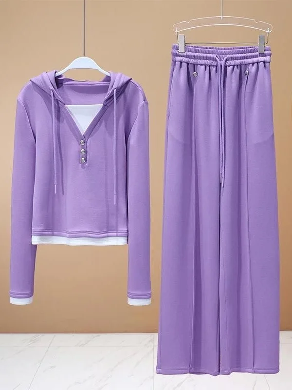 

Spring Fashion Fake Two-Piece Sweatshirt Set Straight Leg Pants Casual Stylish Ensemble Polyester Fiber Ladies Suit