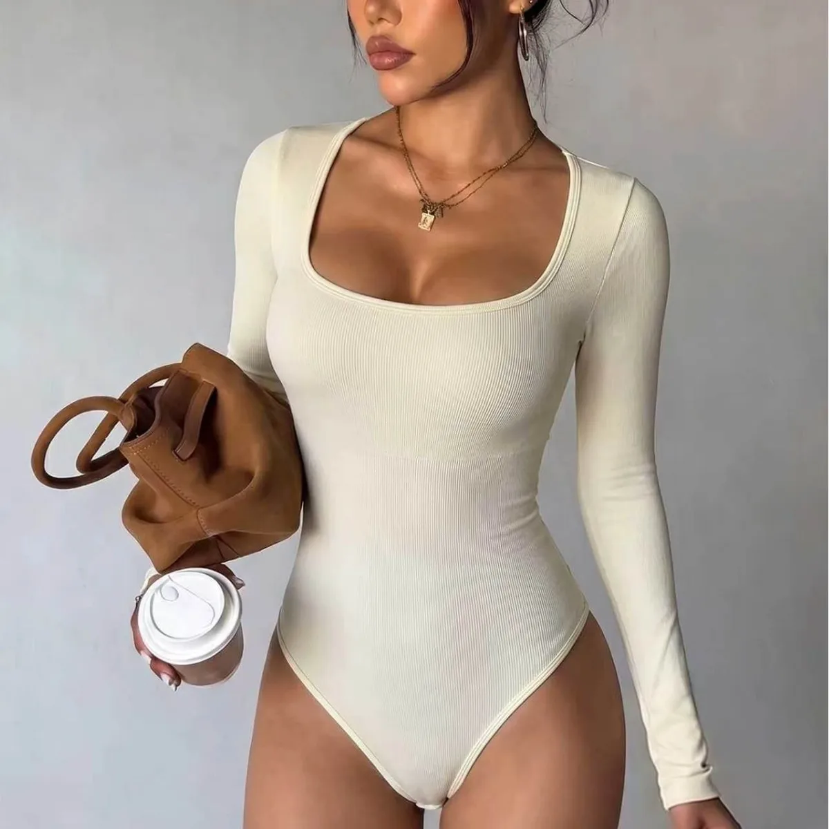 Female U Neck Open Crotch One-Piece Bodysuit Long Sleeve Seamless Waist Trainer Body Shaper Sheath Flat Belly Shapewear GYM