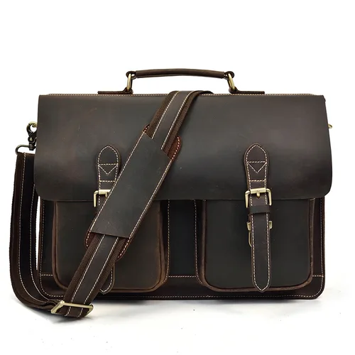 Maletín Retro de cuero de gran capacidad para hombre, bolso de cuero con capa superior para ordenador portátil, piel de Caballo Loco, bandolera para ordenador de 15 pulgadas