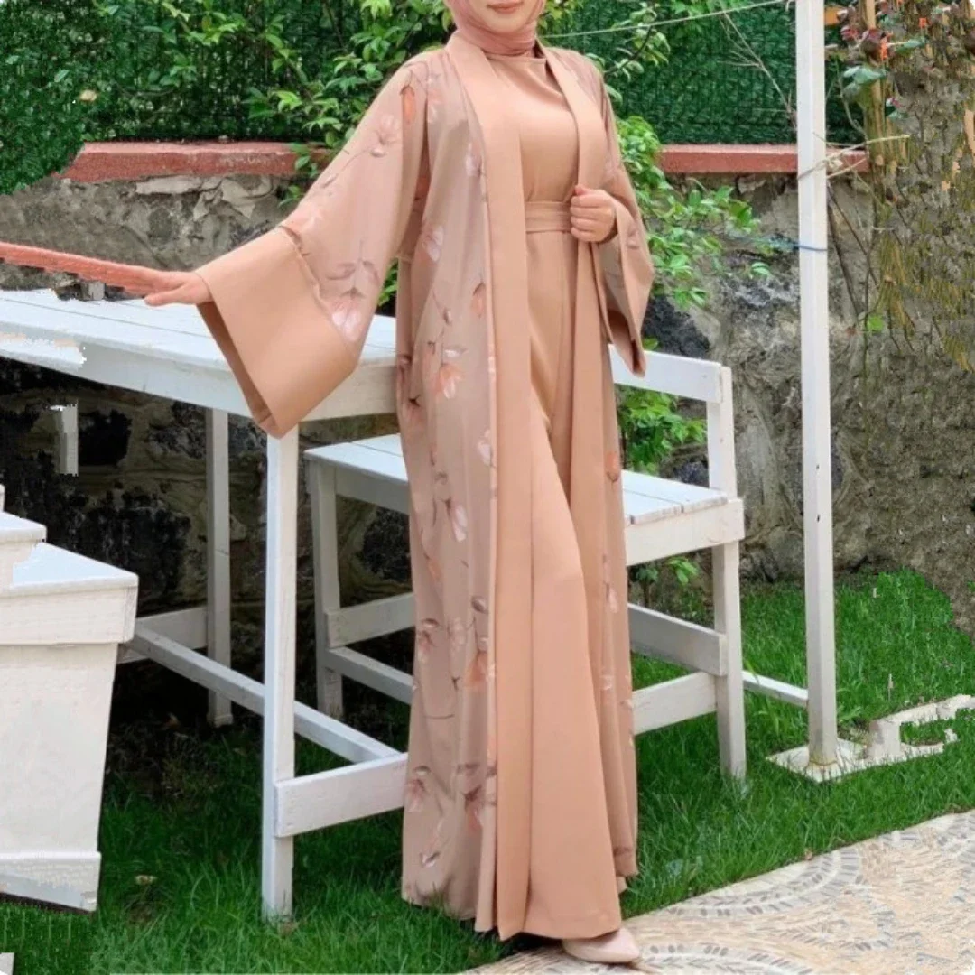 Imagem -04 - Macacão Combinar Abaya Feminino Ramadã Eid Linho Hijab Muçulmano Turquia Abayas Dubai Hijab Árabe Kaftan Islã Ramadã 2023