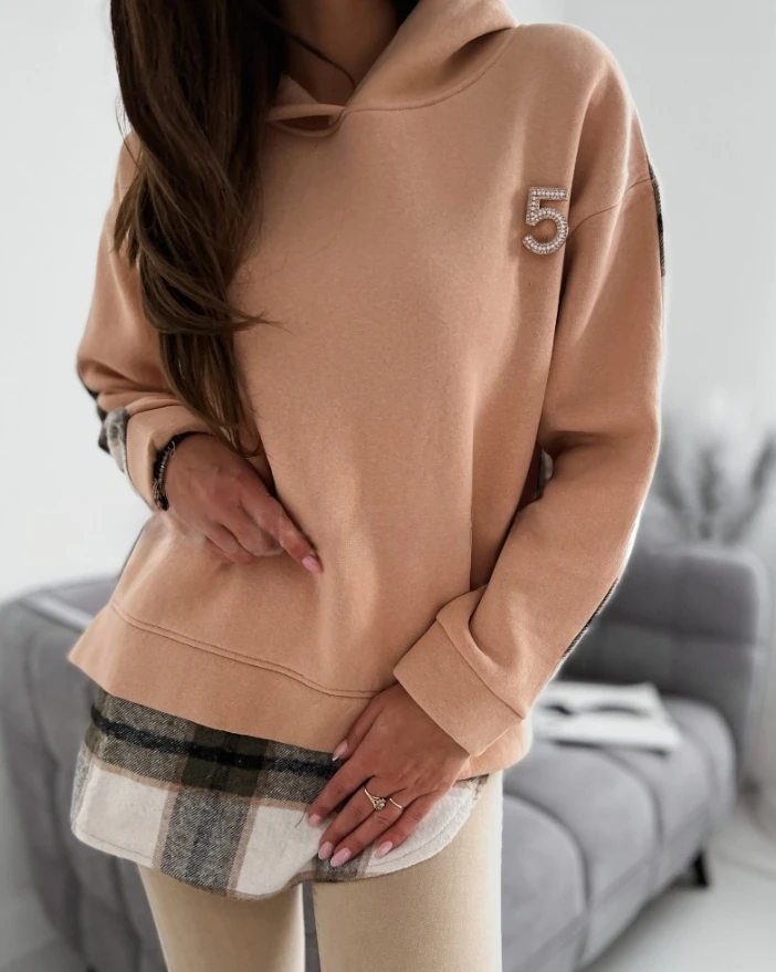 

Women's Hoodie Winter Colorblock Plaid Pattern Hoodie Long Sleeve Loose Fit Side Slit Pullover Casual Sweatshirt With Brooch