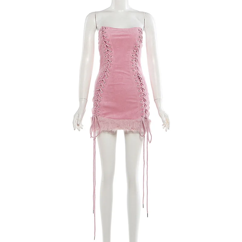 실큐 Y2K 스윗 스타일 미니 드레스 여성 섹시 체스트 랩 백리스 밴디지 디자인 퍼리 패치워크 스트리트 엘레강스 패션 바디콘