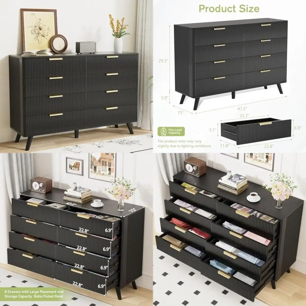 

Современный комод из цельного дерева с 8 ящиками для спальни, современный комод для хранения с рифленым дизайном