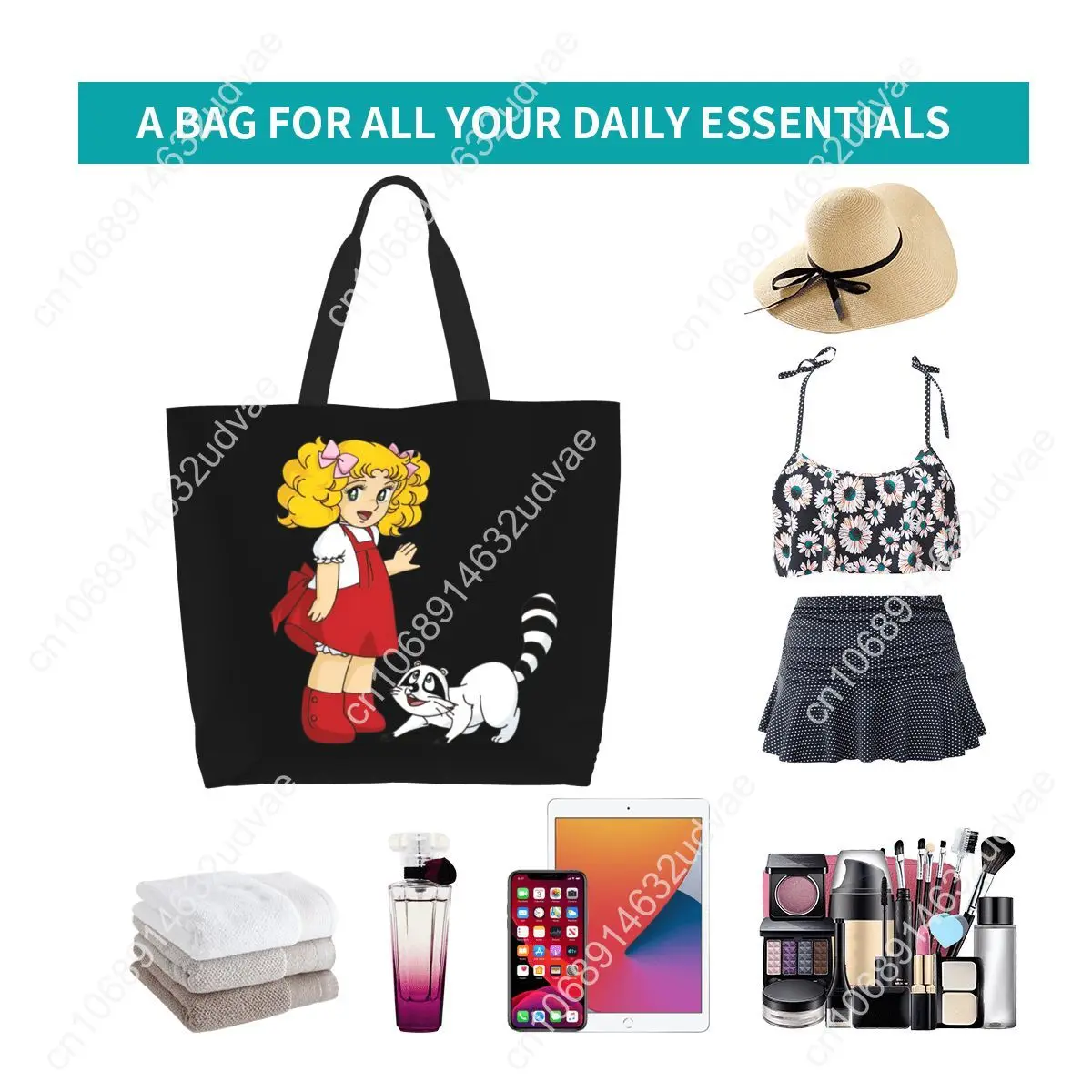 Sac en toile de grande capacité personnalisé pour femmes, sac fourre-tout, sac à provisions, bonbons, bonbons, dessin animé, ani