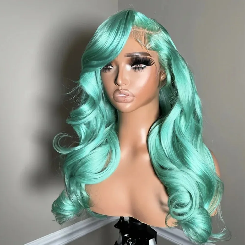 13x4 Teal Ocean Blue Lace Front Wig Natural Wave Lace Frontal Body Wave Wig Preplucked Mint Green Color Wig For Women Cosplay
