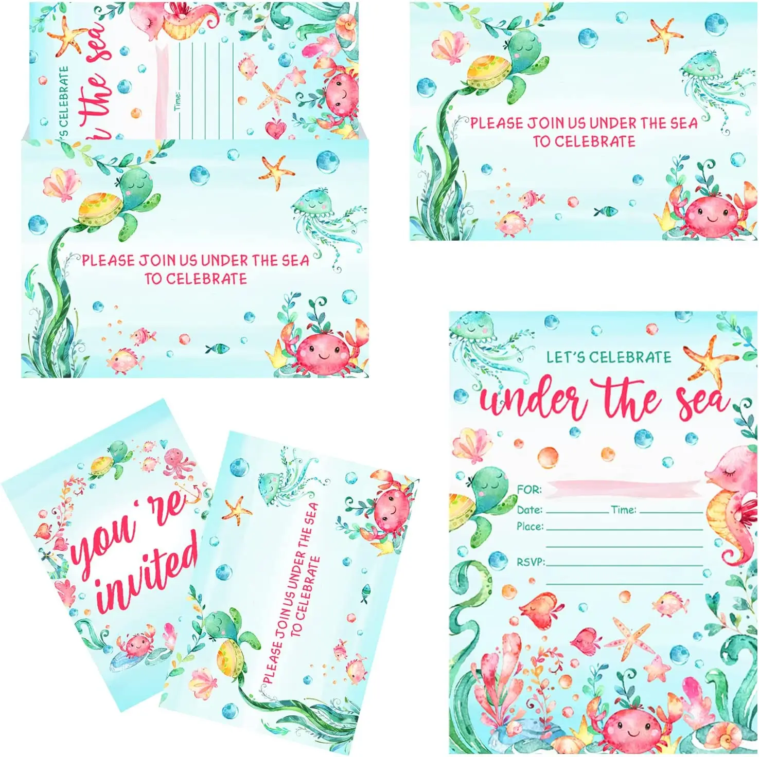 Under the Sea Party Invitations with Envelopes for Girl, Baby Shower Invitation Cards, Ocean Theme, Birthday Party Supplies