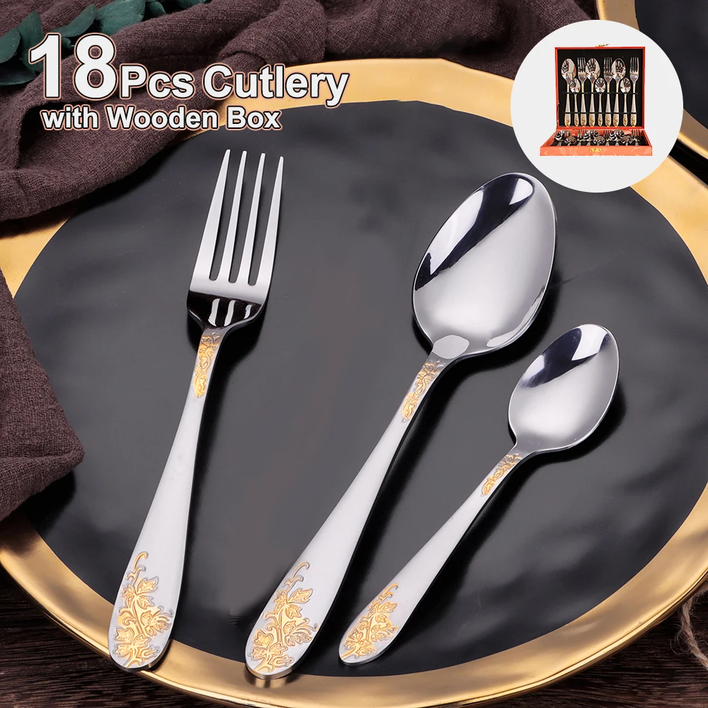 

18 шт. позолоченная посуда, набор столовых приборов из нержавеющей стали, золотой узор, матовая ручка, вилка, ложка, зеркало, роскошная посуда с коробкой