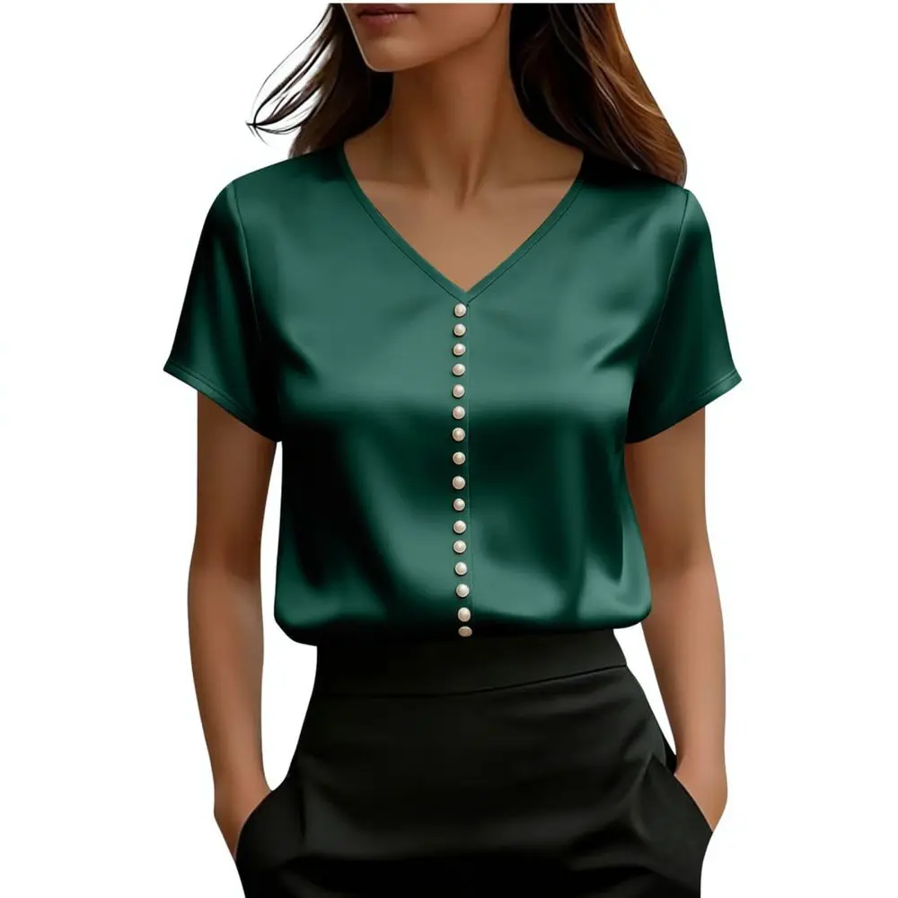 Luxury Satin T Shirt Women Summer Pearl Beaded V Neck Short Sleeve Casual Fashion Elegant Streetwear Soft Female Tops Tees