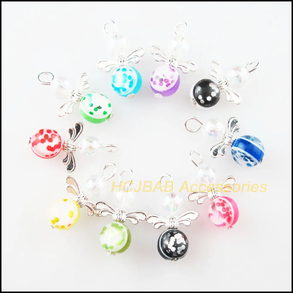 20Pcs Silver Plated Round Flower Angel Mixed Acrylic Beads Charms Pendants 14x22mm