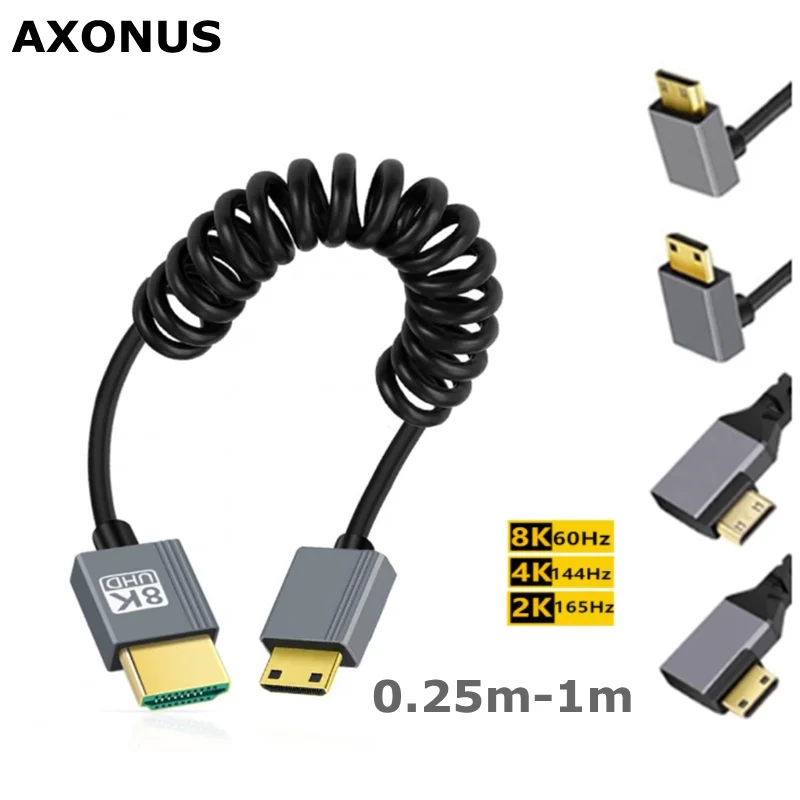 

3 фута, 90 градусов, мини-HDMI-совместимый спиральный кабель HDMI, 8K, ультратонкий 2,1, совместимый с камерой, DSLR, HDTV,