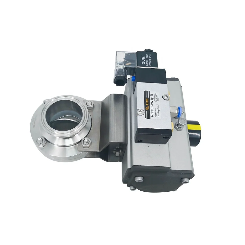 DN40 TC 50,5 мм санитарная нержавеющая сталь SS304 пневматический трехзажимной дроссельный клапан с электромагнитным клапаном 24 В для водоприборов