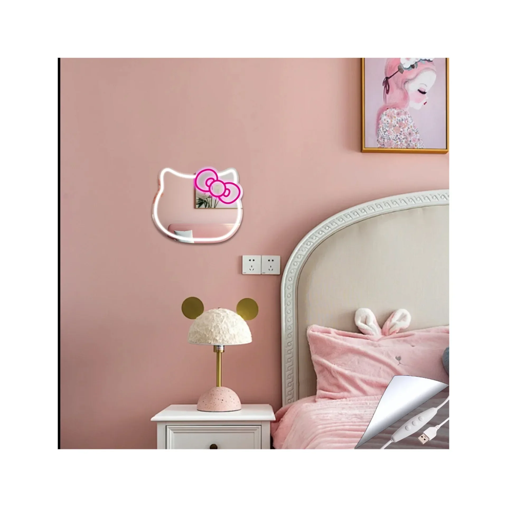 Hello kitty Neon Mirror Mirror Decoration Indoor Outdoor Ambient Styling Light Night Light Luminous Mirror Wall Bedroom Decor