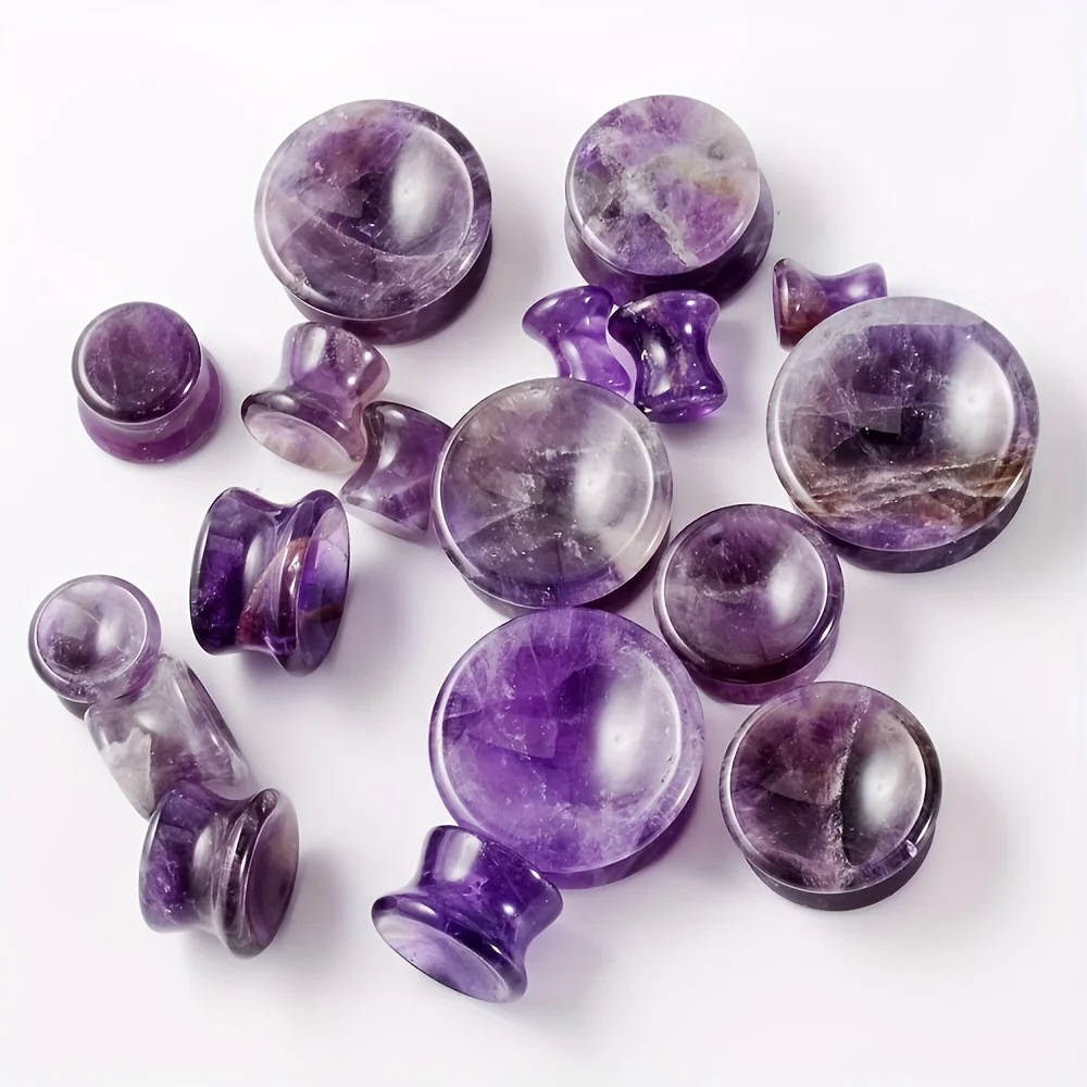 1pc New Design Amethyst Stone Concave Ear Plug Double Flare Solid Gauge Expander Stretching Earring Body Piercing Jewelry 6-16mm