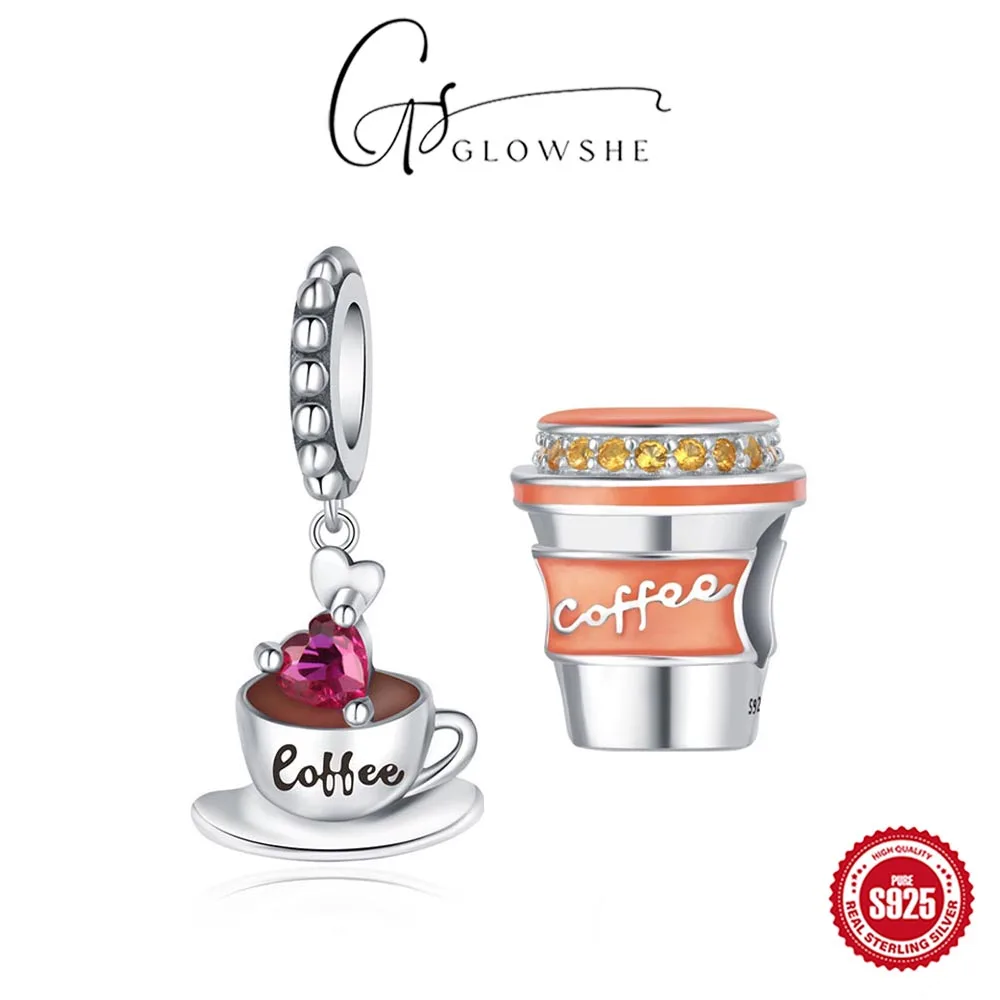 

Glowshe 925 Sterling Silver Star Zircon Coffee Pendant Beads Women's Bracelet Necklace Charms DIY Handmade Gift Fine Jewelry