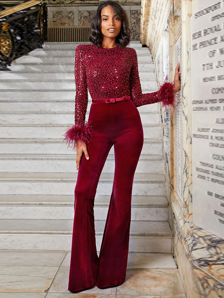 Women Causal Feather-paneled Sequined Faux Pearl Jumpsuit 2023 Spring Elegant Long Sleeve Top Flared Trousers Two Piece Sets