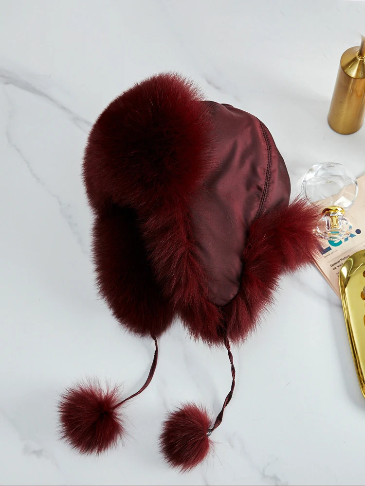 Real Fox Fur Hats Earflap Winter Warm Cap Women's Russian Ushanka Aviator Trapper Snow Skiing Hat Genuine Raccoon Fur Bomber Hat