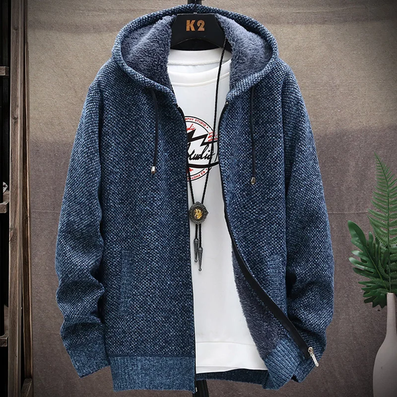 Autumn/Winter New Men's Casual Knitted Cardigan Sweater Hooded with Thick Velvet for Warmth and Versatile Casual Sweater Jacket