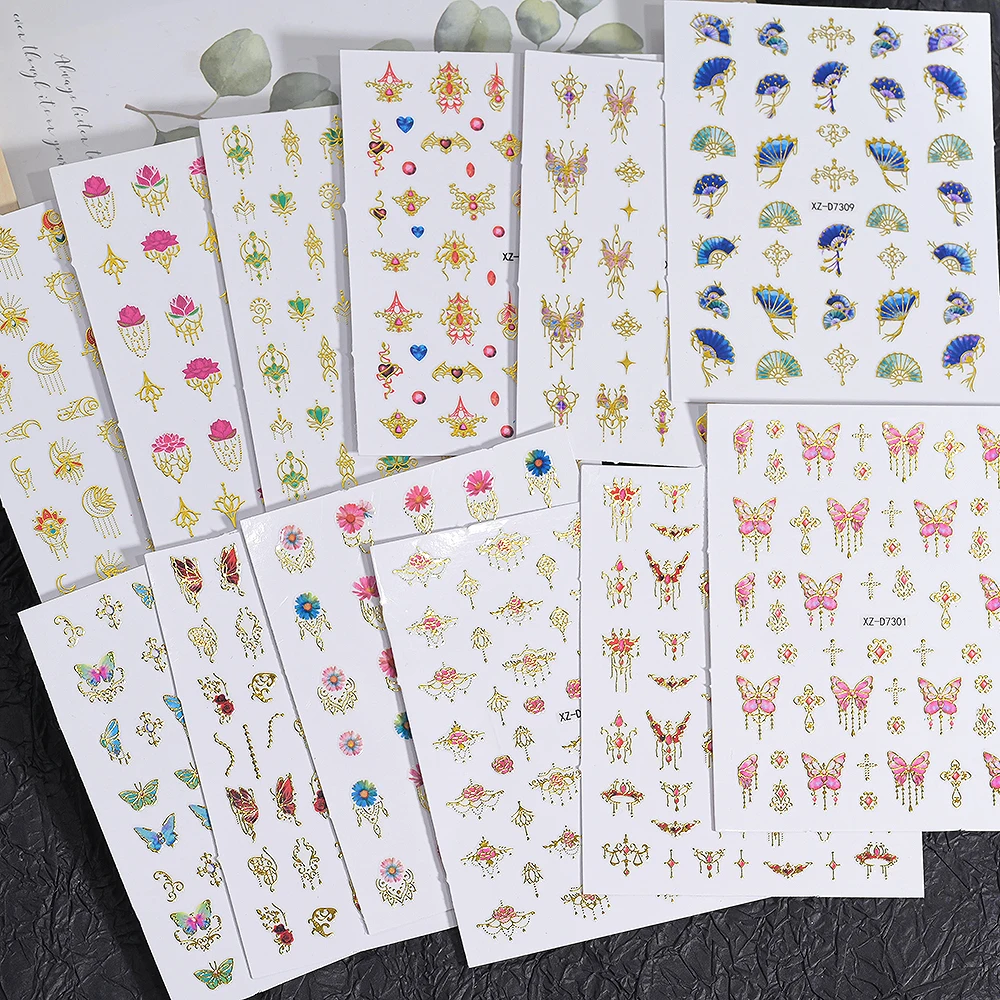 

12Pcs/Set Bronzing Tassels Butterfly Nail Art Sticker 3D Gold Silver Flower Adhesive Decals Moon Floral Manicure Sliders