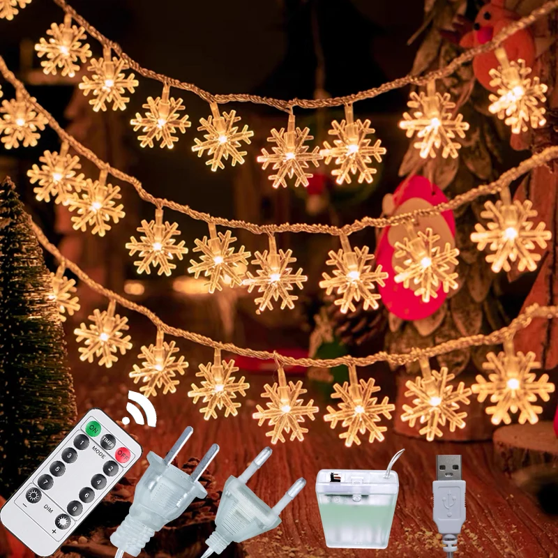 LED Snowflake Fairy String ไฟ Garlands ตกแต่งต้นคริสต์มาสสําหรับวันหยุดงานแต่งงานกลางแจ้งในร่มตกแต่งปีใหม่