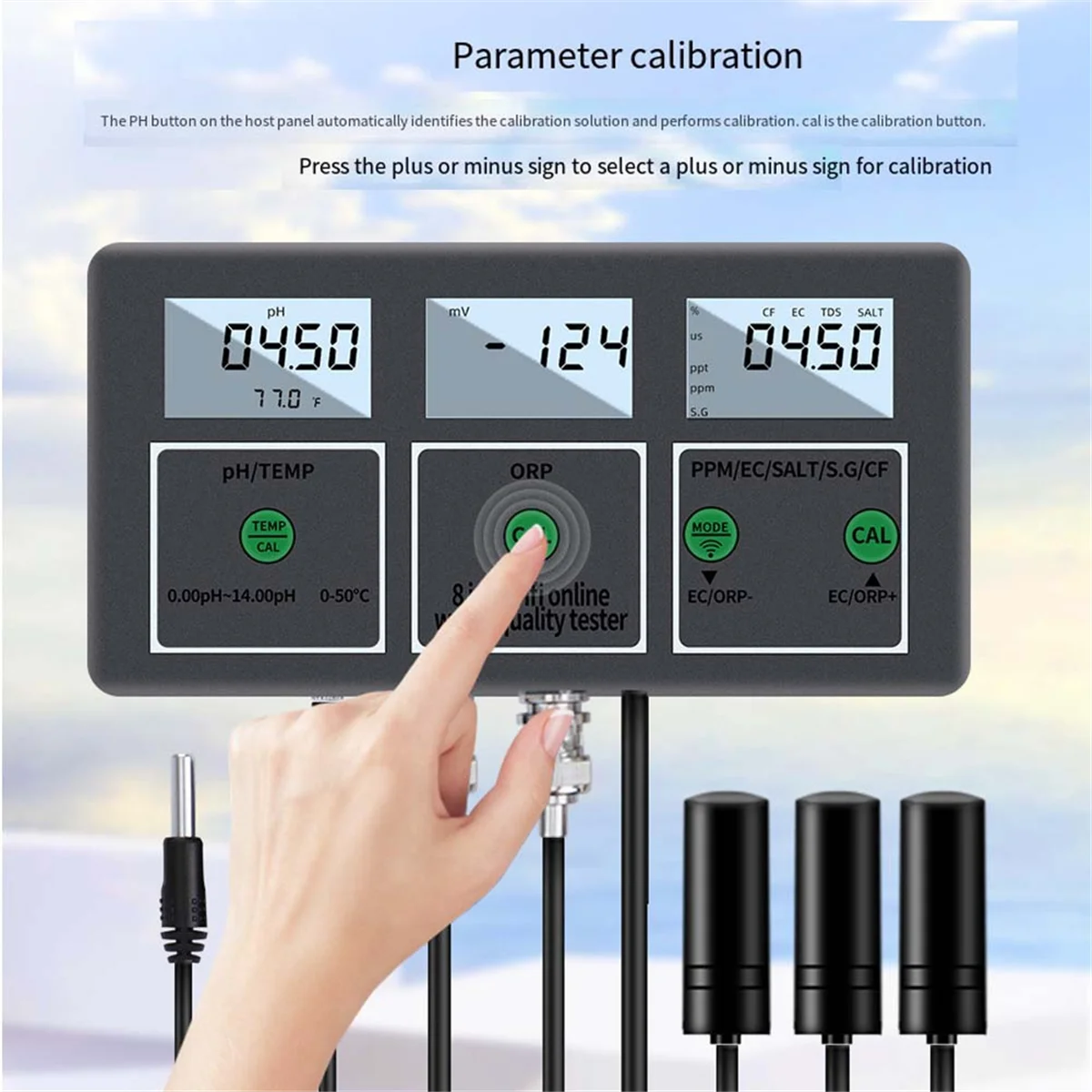 جهاز اختبار جودة المياه 8 في 1pH/ORP/EC/TDS/SALT/S.G // التحكم في تطبيق اتصال WiFi لحمامات السباحة وأحواض السمك بمقبس الاتحاد الأوروبي