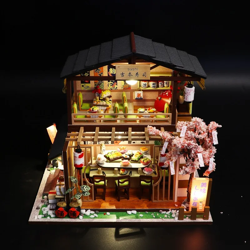 Creative handmade and assembled cherry blossom sushi shop house, doll house, girls, classmates, teenagers, adult birthday gifts