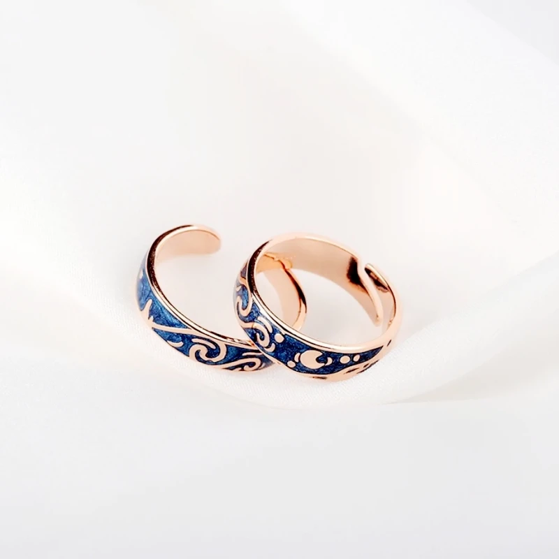 WYEAIIR 925 Sterling Silver Van Gogh Starry Sky Resizable Opening Couple Rings Blue Drop Glaze Sweet Romantic For Women Jewelry