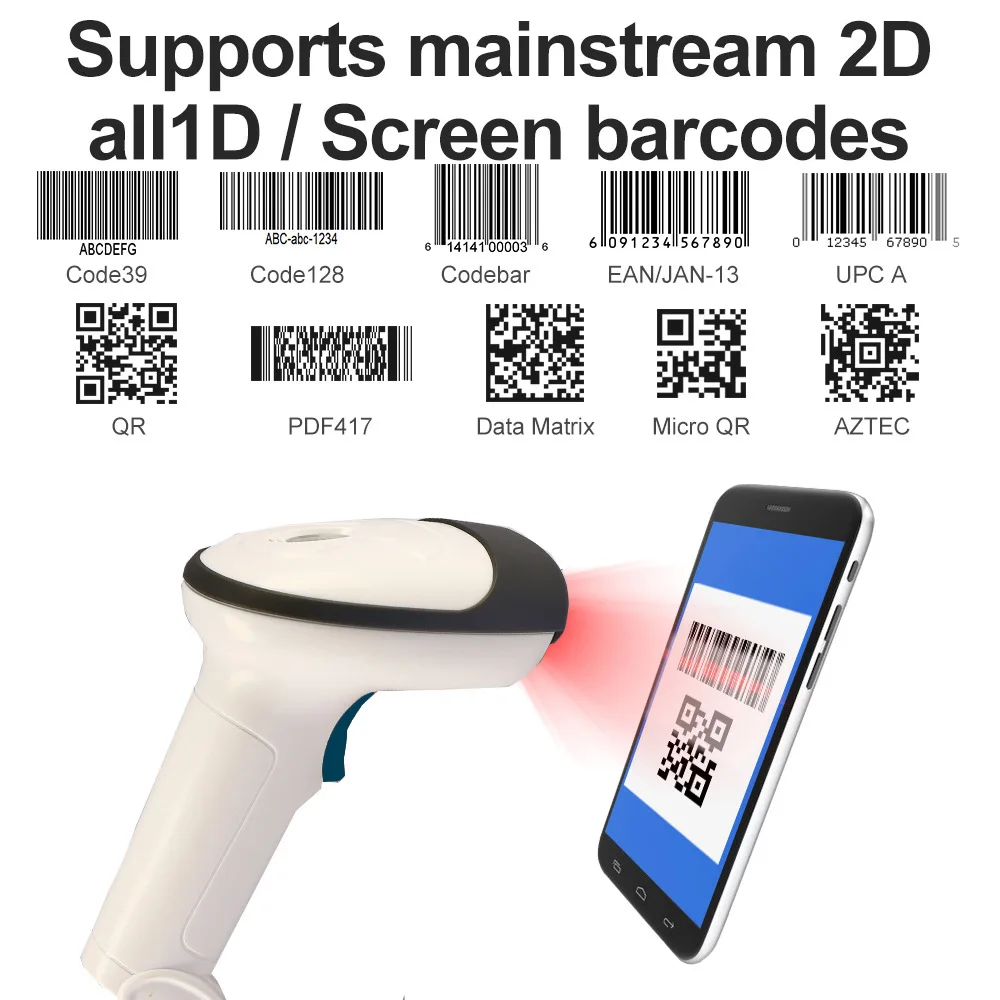 

Mini Handheld QR Barcode Scanner USB Wired/Bluetooth/Wireless 1D 2D Scanner PDF417 EAN13 Data Matrix Bar Code Reader For PC iPad