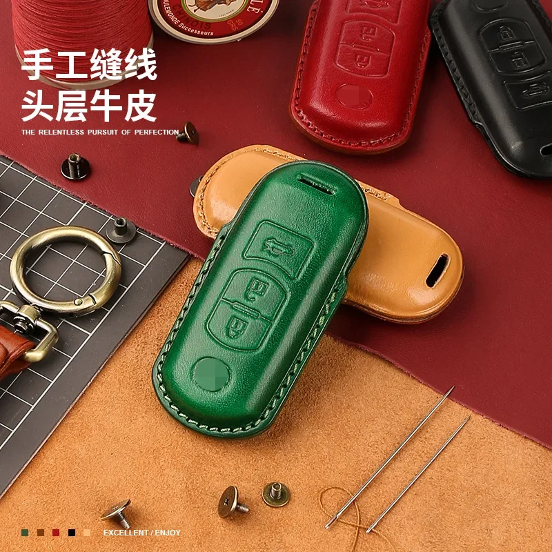 2024 Genuine Leather Car Key Case Full Cover Protection Keychain for Mazda 3 CX-5 ATZ X4 Car Accessories Key Purse Bag Buckle