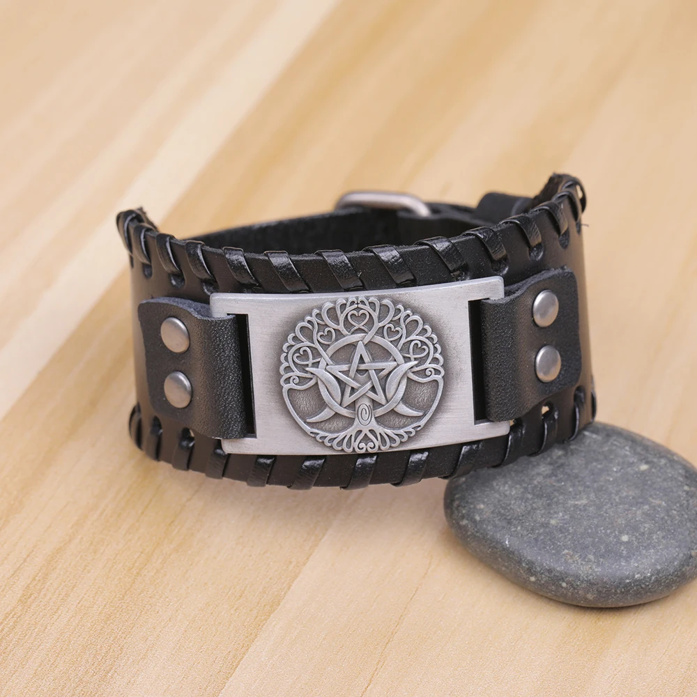 Vassago Tree of Life Triple Moon Goddess Pentagram Pulseira Masculinity Amulet Pagan Leather Bracelet Adjustable Men's Jewelry