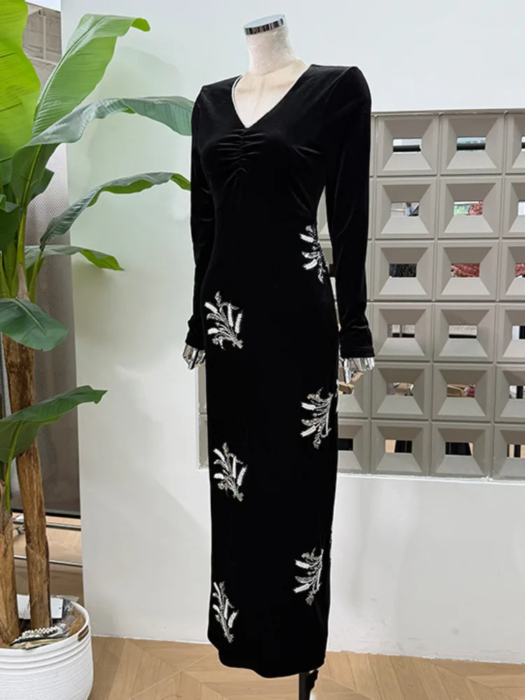 DFDG 2025 Autunno Primavera Abito elegante da donna con scollo a V in velluto floreale a maniche lunghe aderente Abito maxi con spacco alto Abito versatile