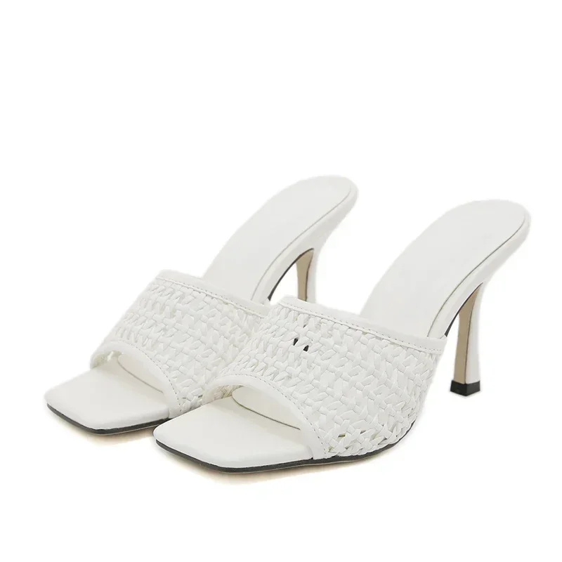 Comfort Concise Woven Design Brand Slippers Women Fashion Mesh Square Toe Slide Sandals Summer Sexy Open Toe High Heel Sandals