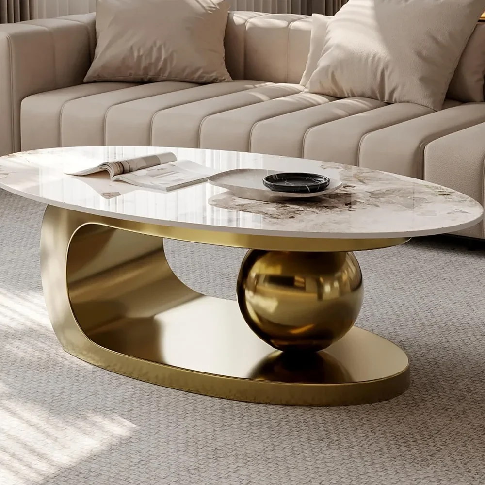 

Modern Industrial Oval Coffee Table 51.2'' Marble Top Gold Base Living Room Center Tea Table