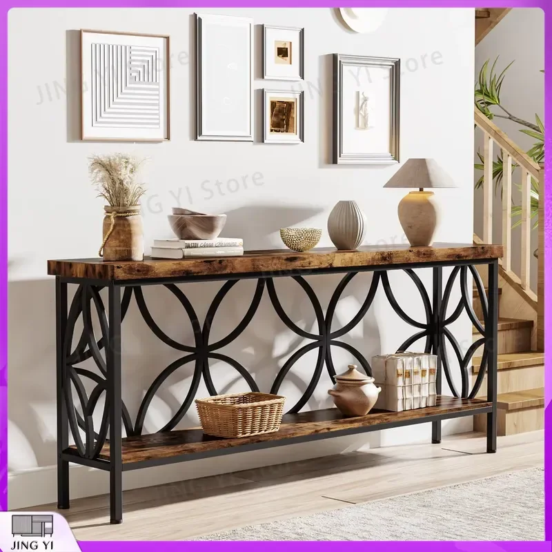 Modern MDF Sofa Table with 2-Tier Storage for Living Room Hotel Office Use 70.9 Inch Long Adjustable Height Sofa Desk Console