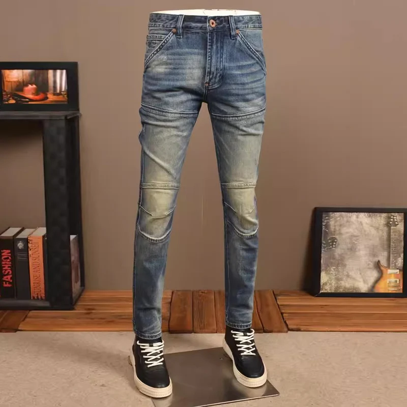 Moda uliczna Mężczyźni Jeans Wysokiej jakości Retro Washed Blue Stretch Slim Fit Spliced Designer Biker Jeans Mężczyźni Hip Hop Denim Pants