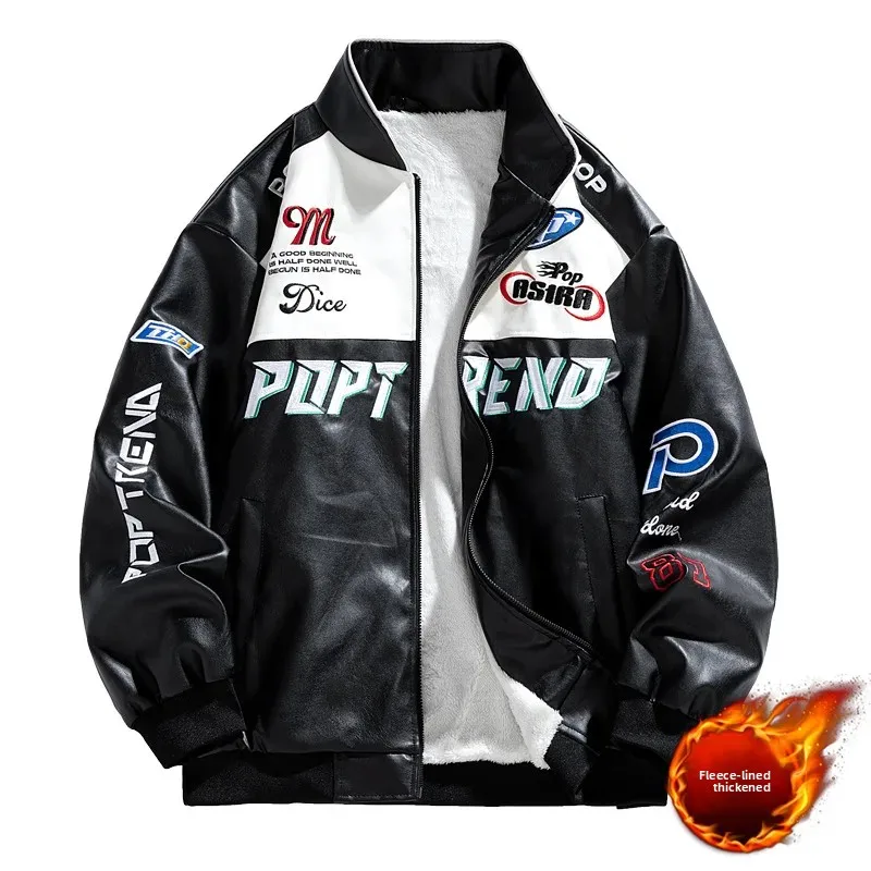 

Men's Biker Jacket Thickened Fleece Stand Collar PU Leather Jacket Men American Style Winter Coats Men Streetwear Outerwear Men