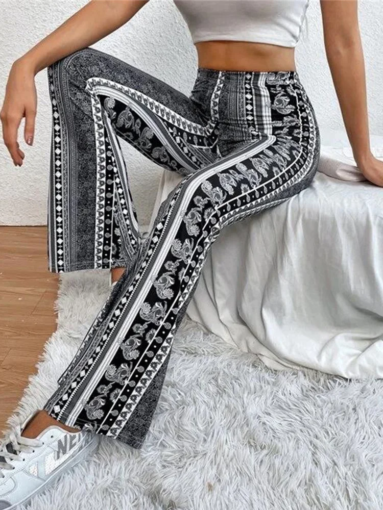 6 Colors Vintage Printed Bell Bottoms Women\'s Tight Elastic Pants Summer Fashion Bohemian Flared Trousers