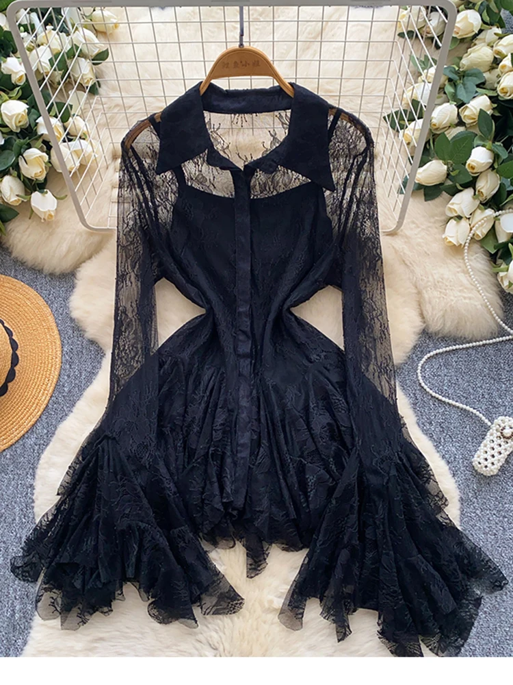 

Spring Autumn French Irregular Thin Horn Sleeve Single Breasted Lace Shirt Women's Fashion Sweet Sexy Black Lace Top W73