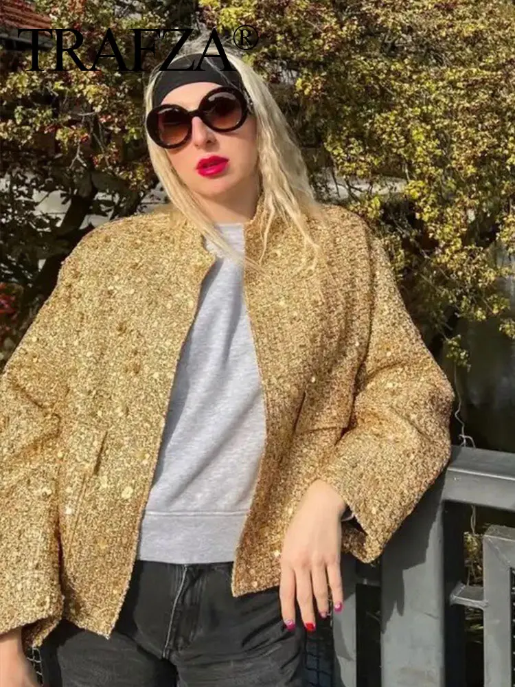 TRAFZA Gold Jacket For Women Fashion Vintage Sequin Coat Stand Collar Long Sleeve Jackets Autumn Female Elegant High Street Wear