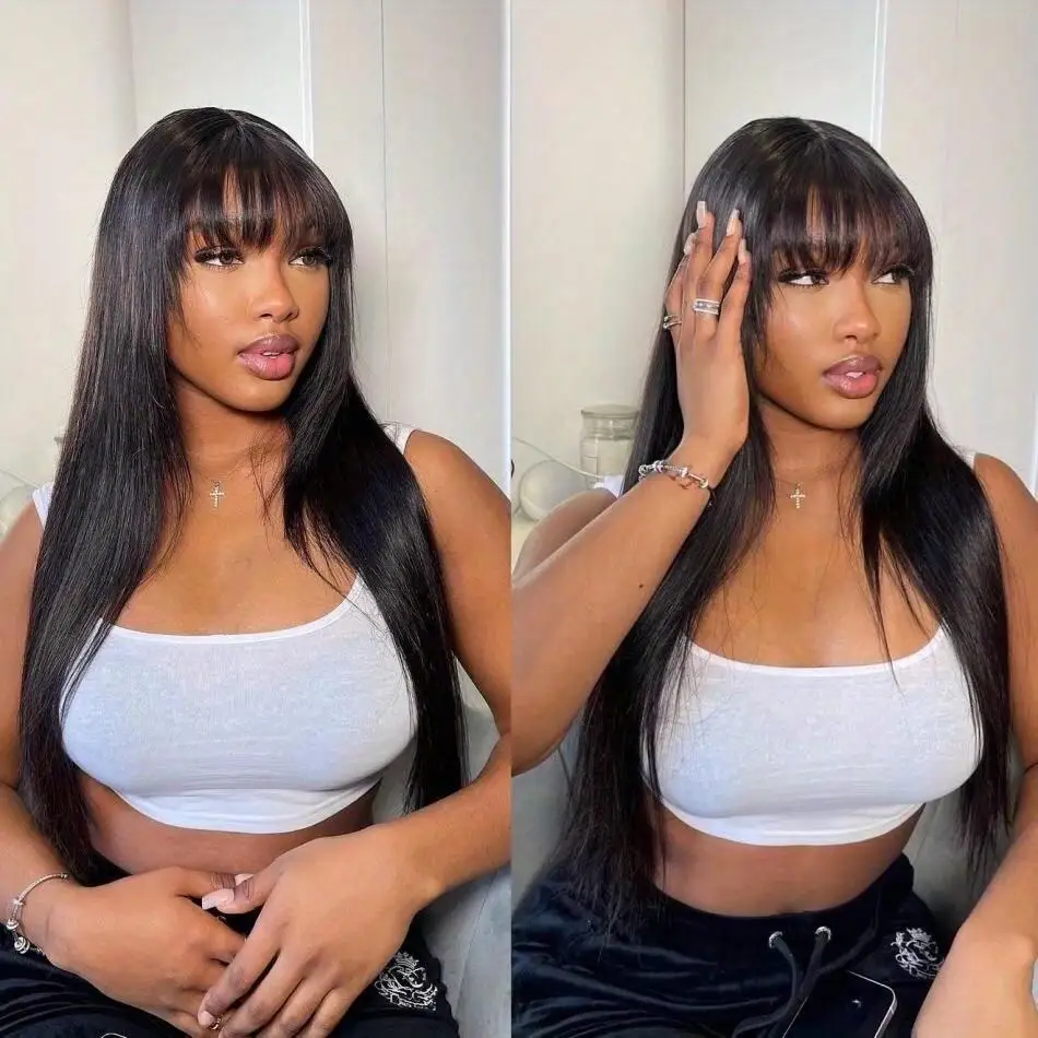 Glueless Straight Human Hair Wigs with Bangs 14-22 Inch Machine Made Wigs For Women Brazilian Hair Straight Wigs Natural Color